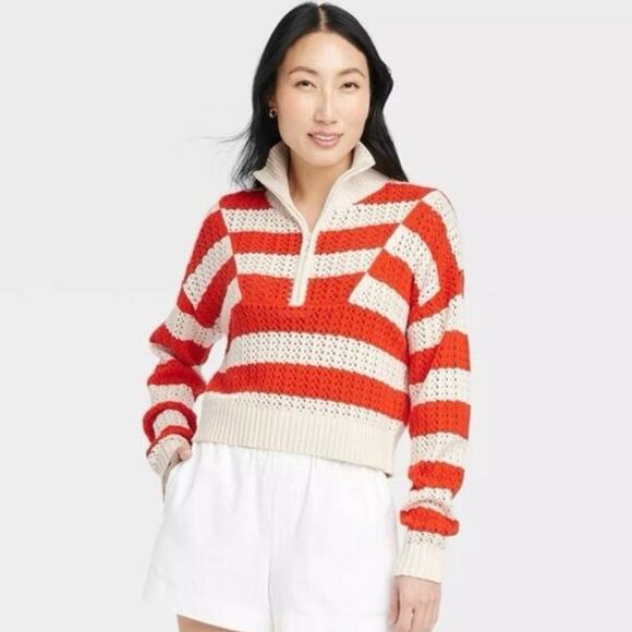 a new day Sweaters - A New Day Orange & Cream Boho Crochet Striped Cropped Sweater